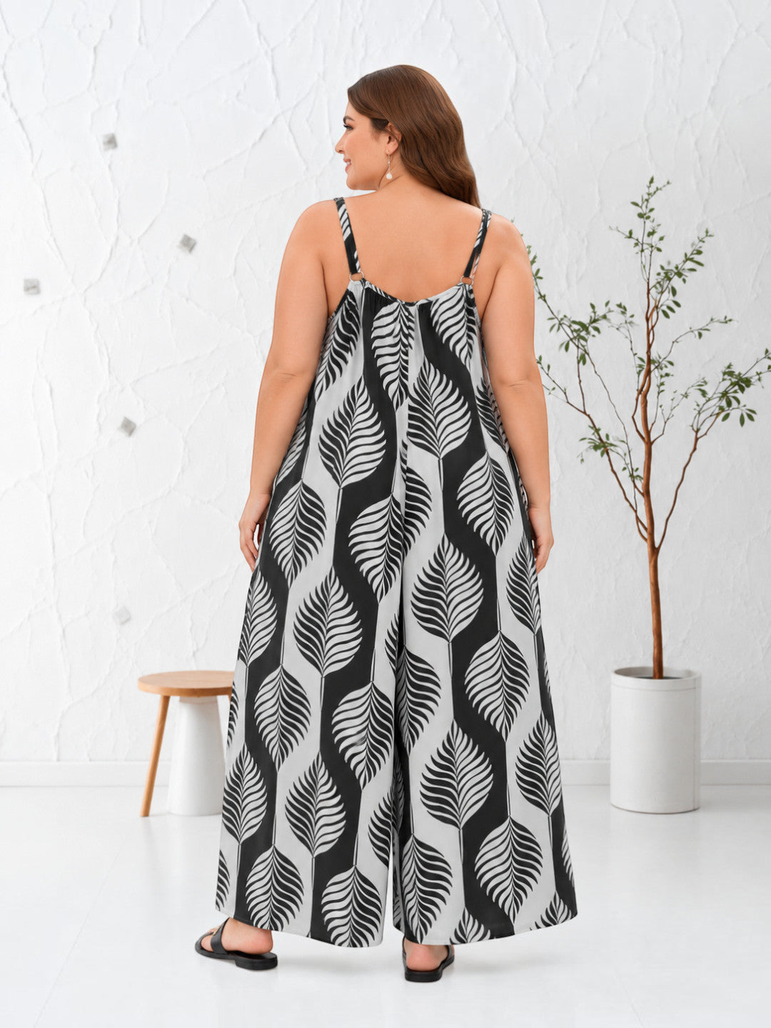 Women Plus Size Multicolor Leaf Print V-Neck Sleeveless Jumpsuit - image 3