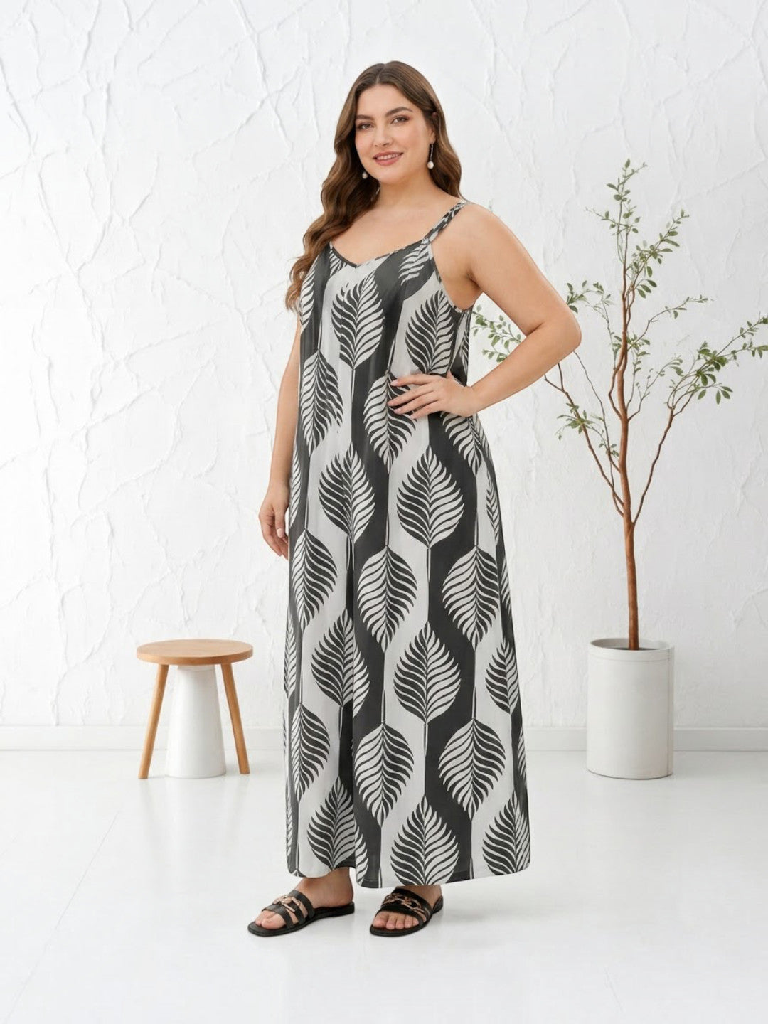 Women Plus Size Multicolor Leaf Print V-Neck Sleeveless Jumpsuit - image 6