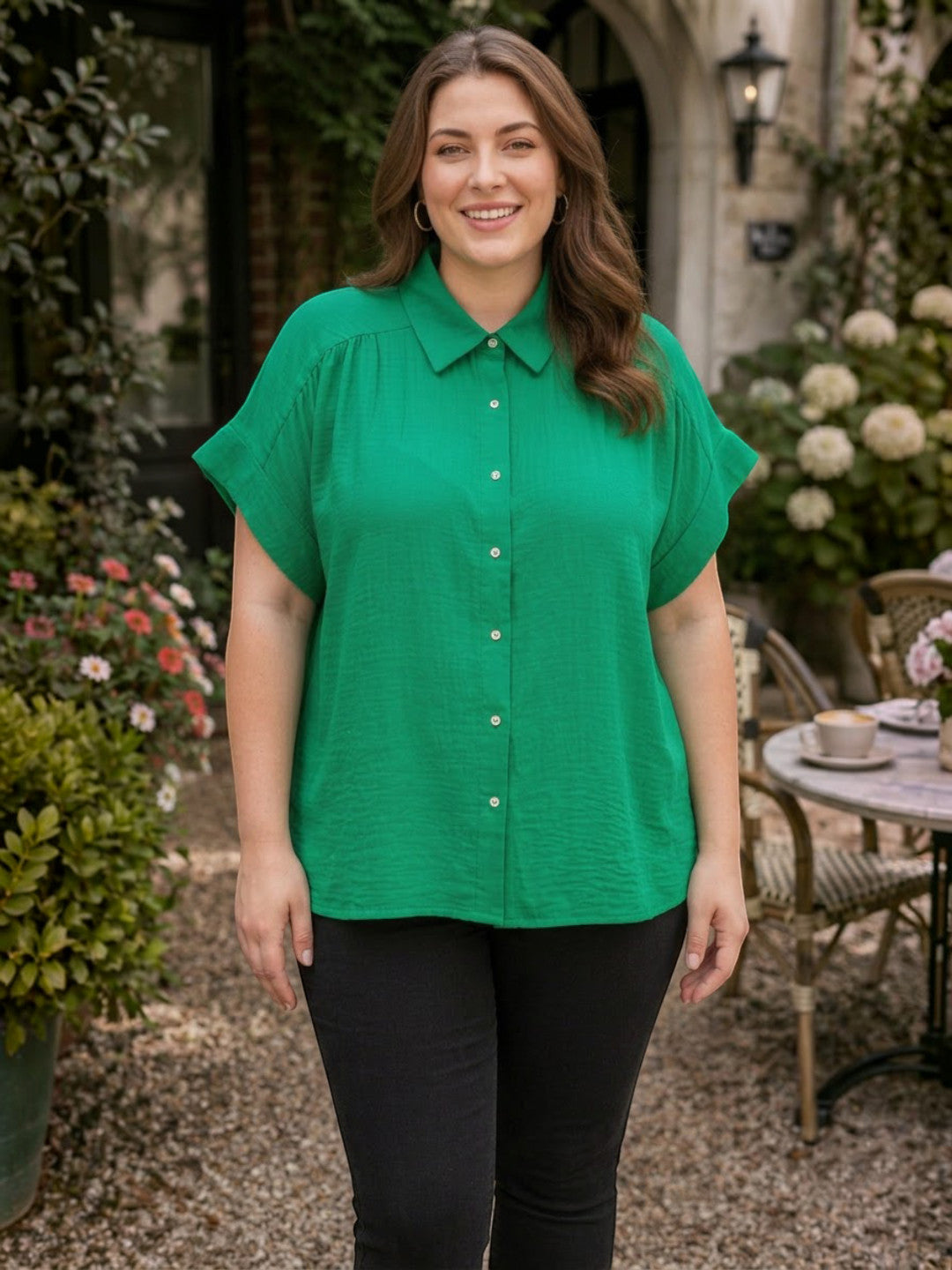 Women Plus Size Green Solid Collared Short Sleeve Button-Down Shirt - image 1