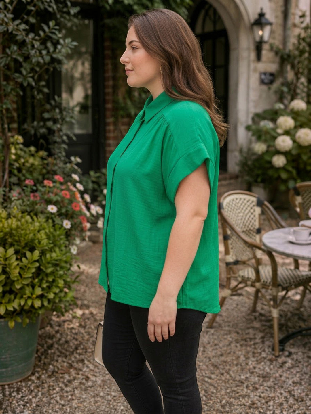 Women Plus Size Green Solid Collared Short Sleeve Button-Down Shirt - image 2