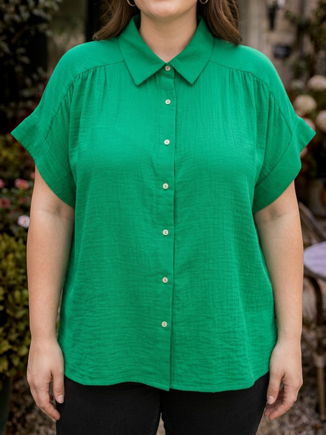 Women Plus Size Green Solid Collared Short Sleeve Button-Down Shirt - image 4