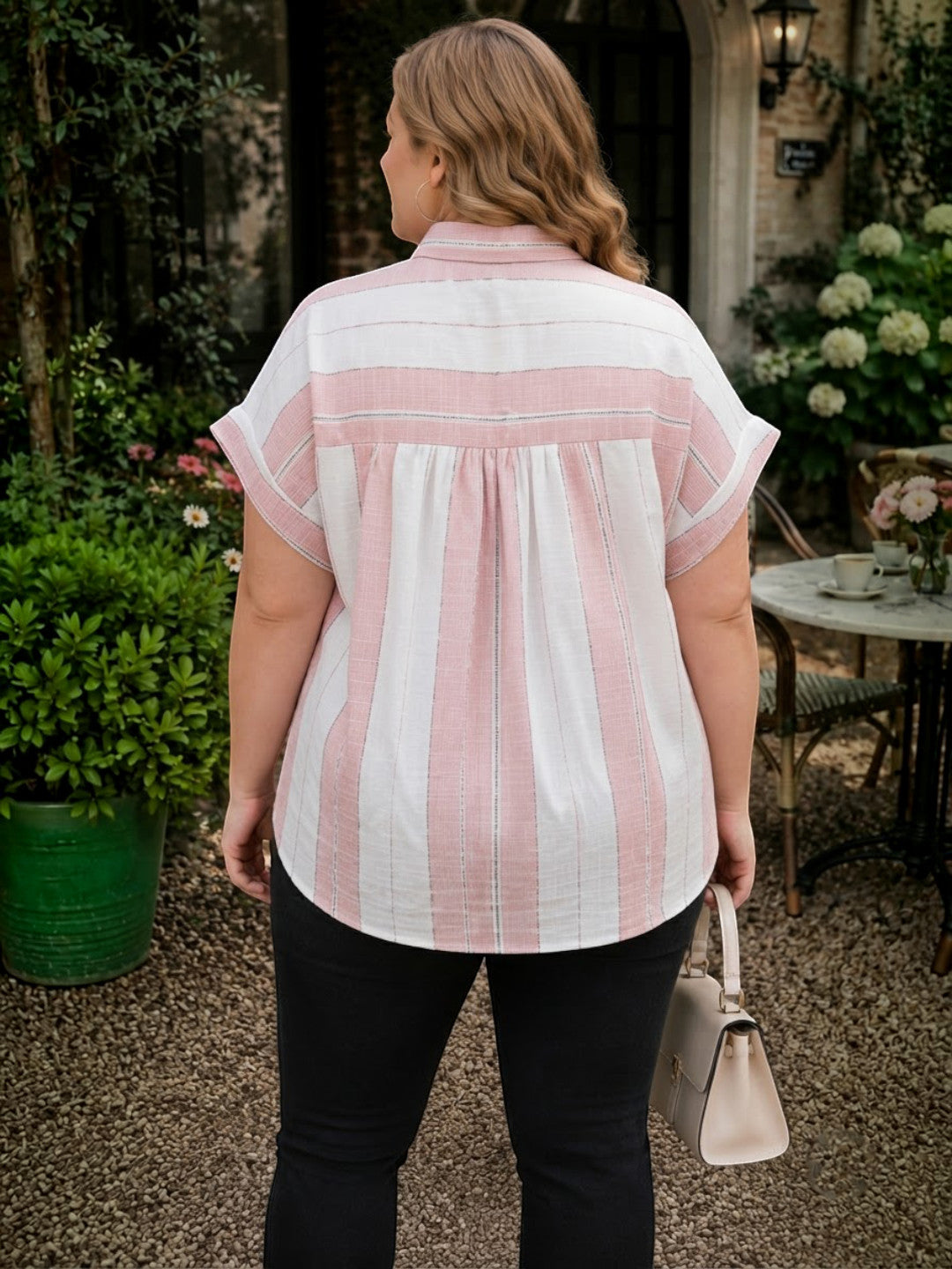 Women Plus Size Pink and White Striped Collared Short Sleeve Shirt - image 3