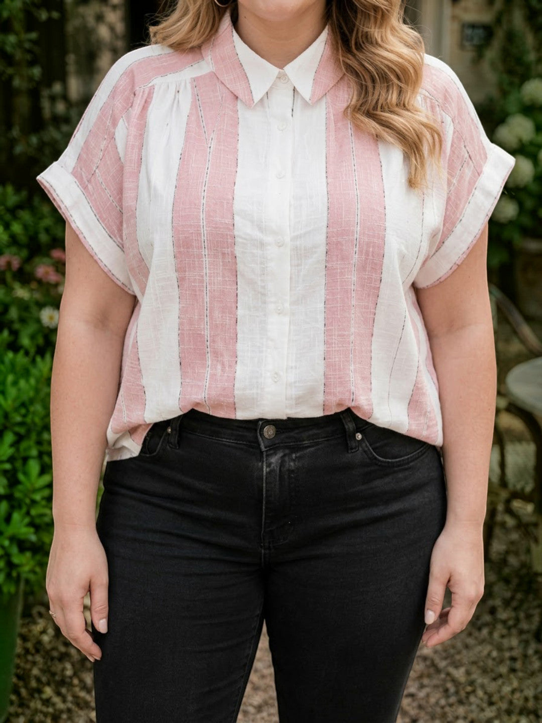 Women Plus Size Pink and White Striped Collared Short Sleeve Shirt - image 4