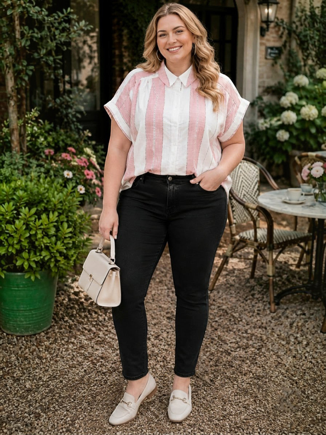 Women Plus Size Pink and White Striped Collared Short Sleeve Shirt - image 5