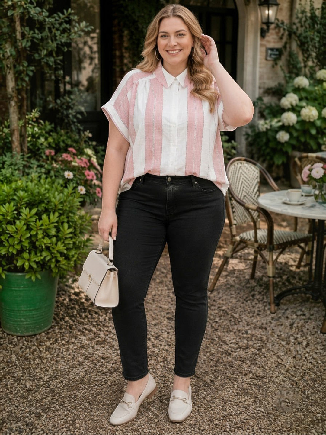 Women Plus Size Pink and White Striped Collared Short Sleeve Shirt - image 6