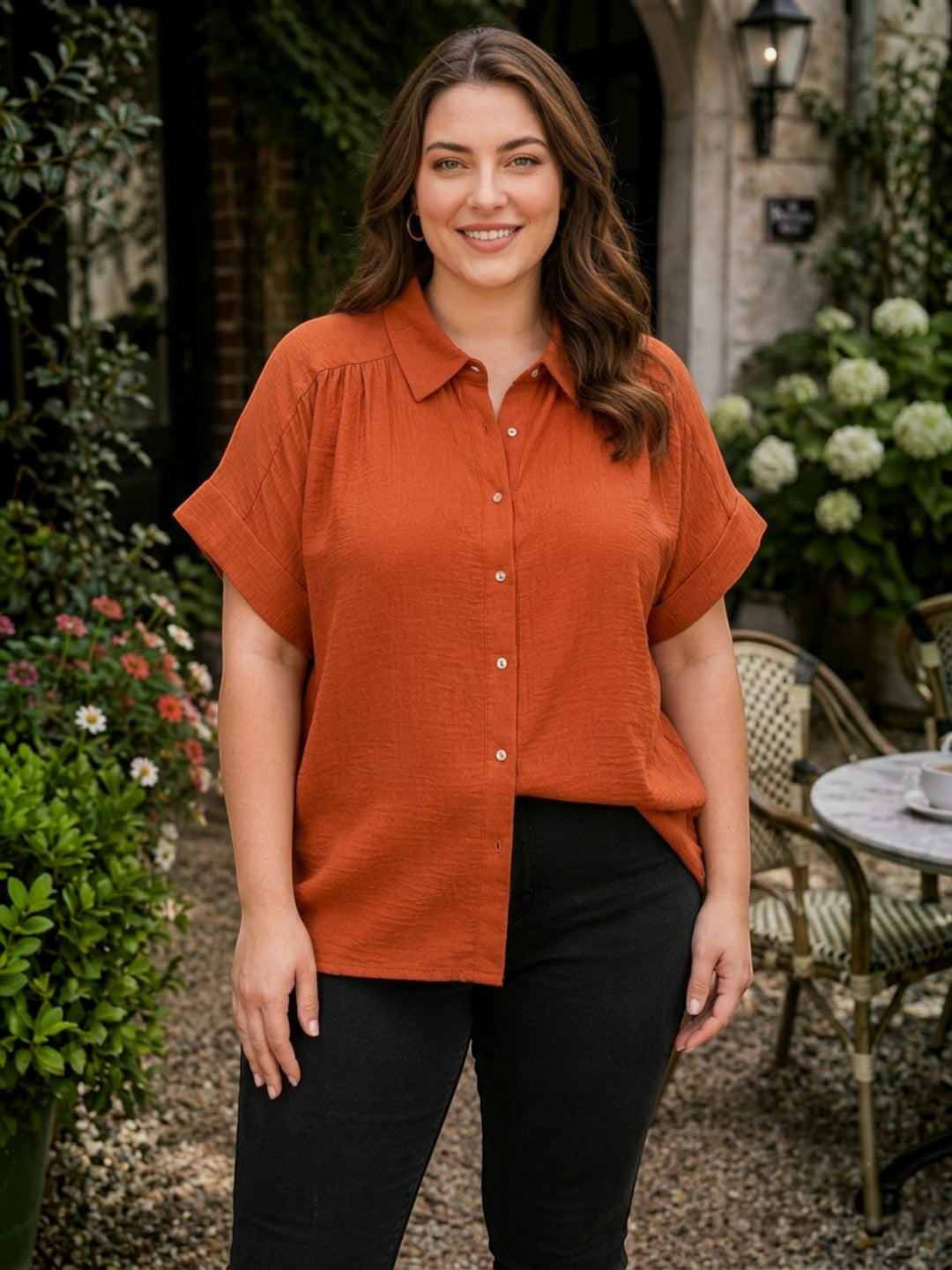 Women Plus Size Rust Solid Collared Short Sleeve Button-Down Cotton Shirt - image 1