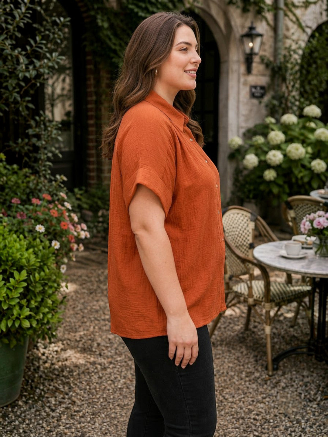 Women Plus Size Rust Solid Collared Short Sleeve Button-Down Cotton Shirt - image 2