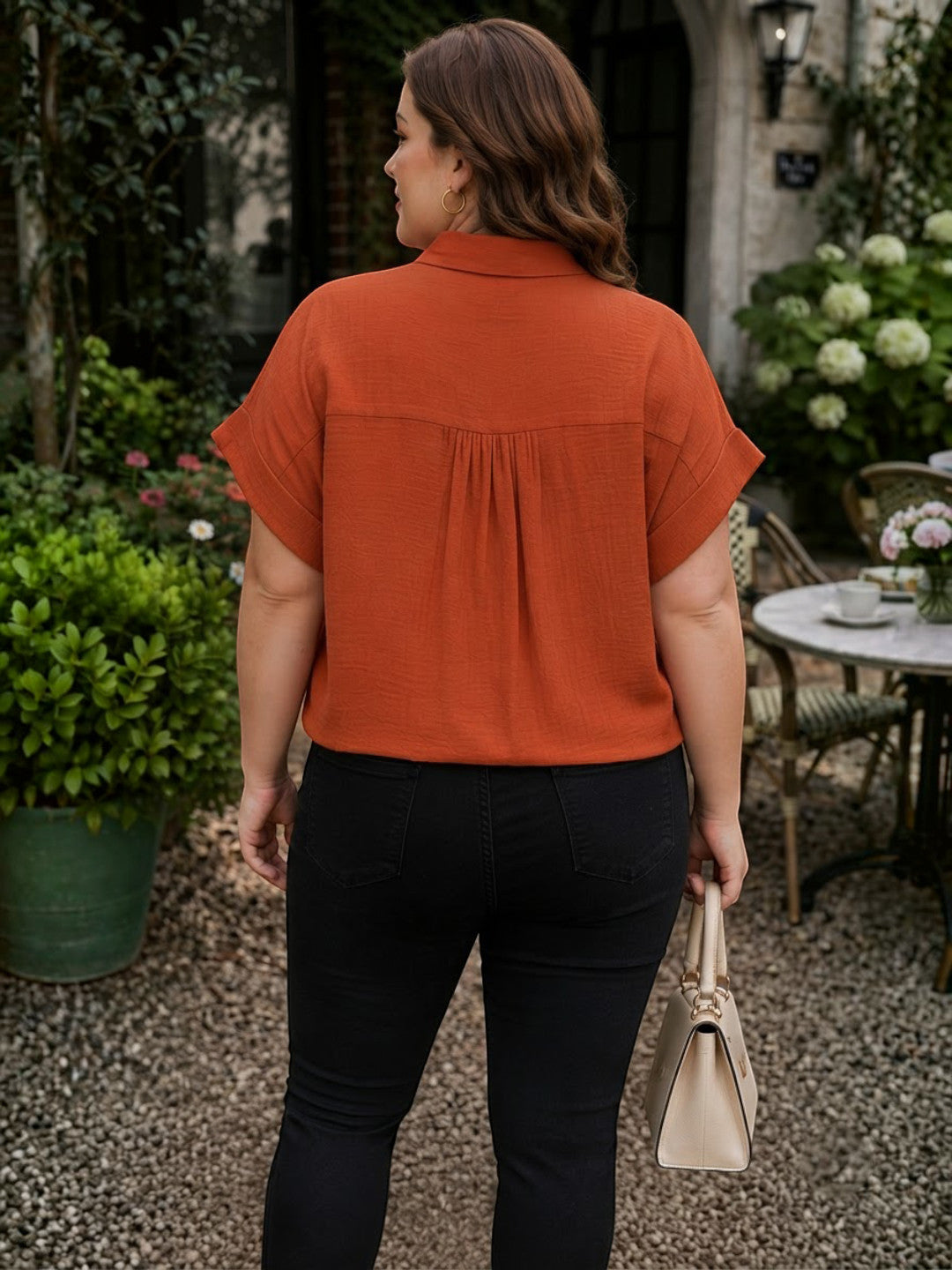 Women Plus Size Rust Solid Collared Short Sleeve Button-Down Cotton Shirt - image 3