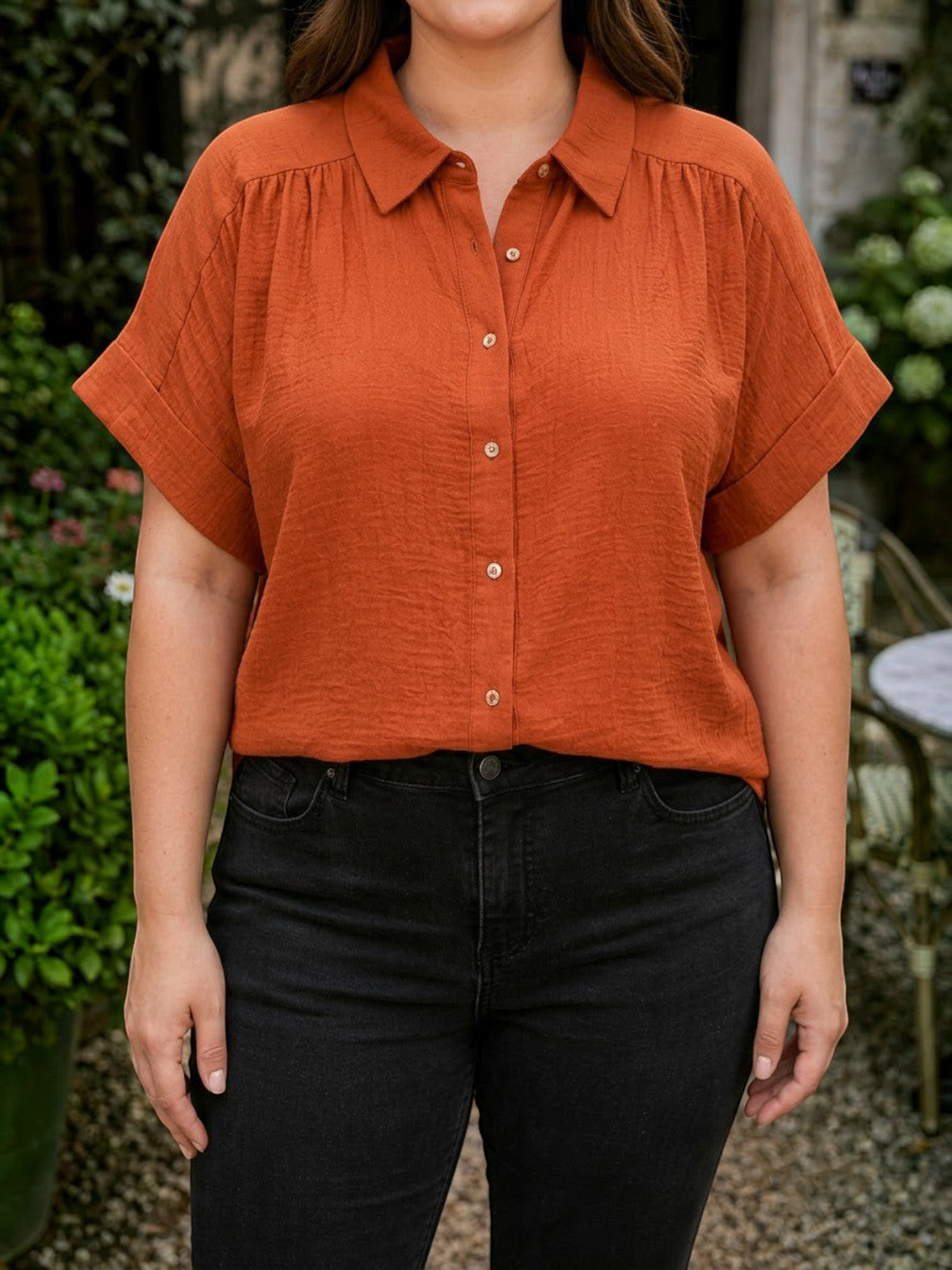 Women Plus Size Rust Solid Collared Short Sleeve Button-Down Cotton Shirt - image 4