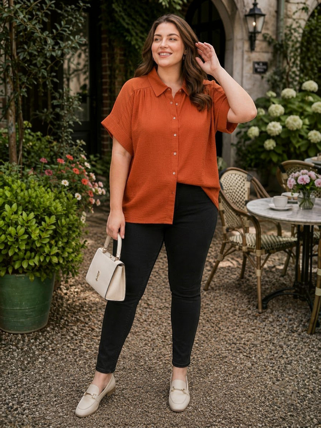 Women Plus Size Rust Solid Collared Short Sleeve Button-Down Cotton Shirt - image 5