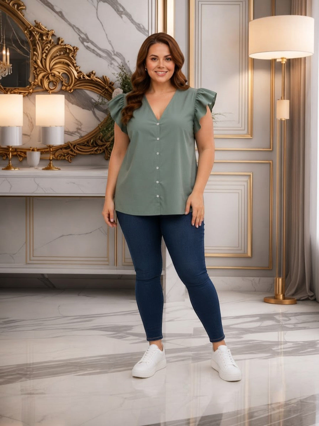 Women Plus Size Sage Green Solid V-Neck Flutter Sleeve Button-Down Cotton Top - image 5