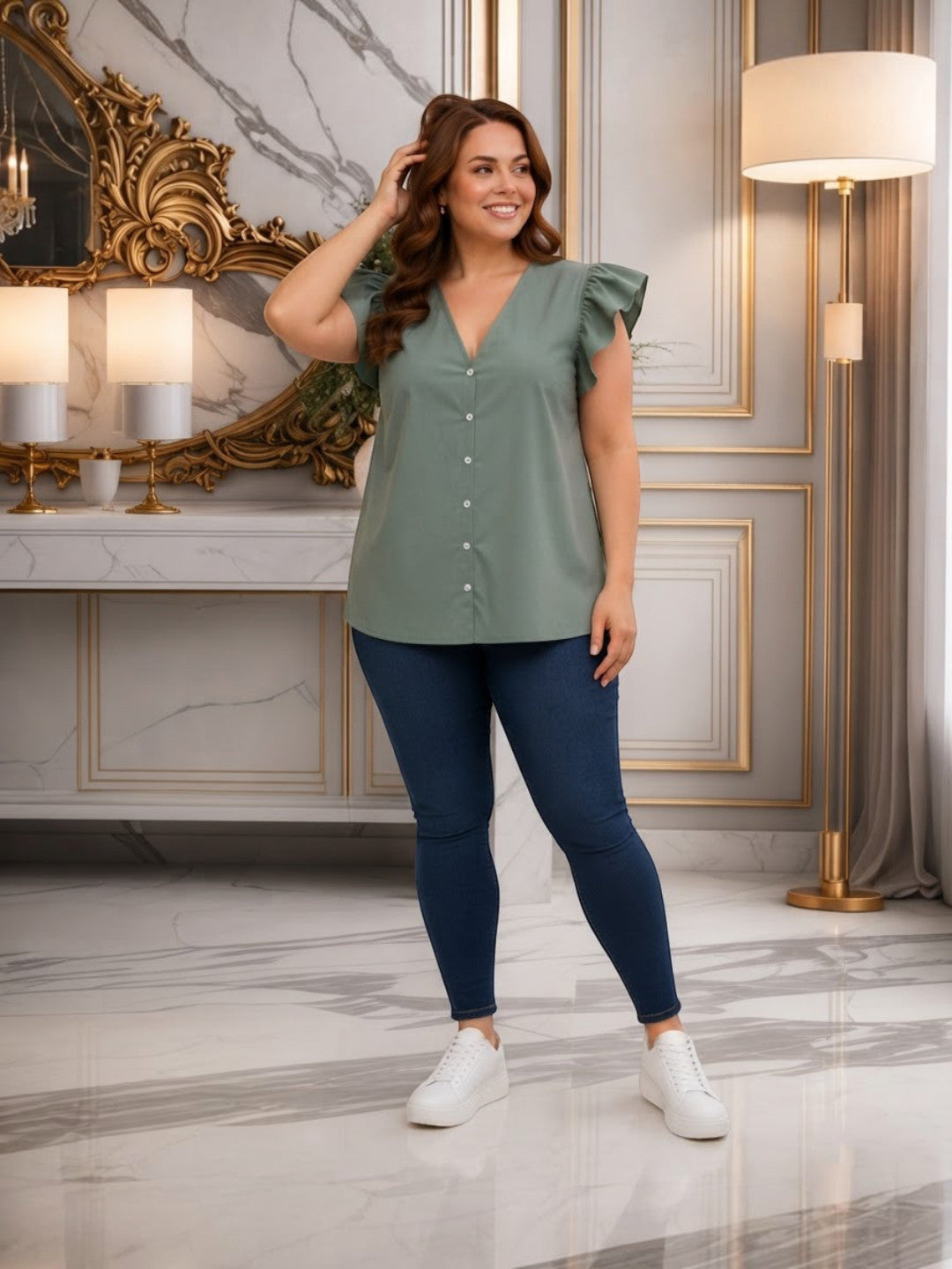 Women Plus Size Sage Green Solid V-Neck Flutter Sleeve Button-Down Cotton Top - image 6
