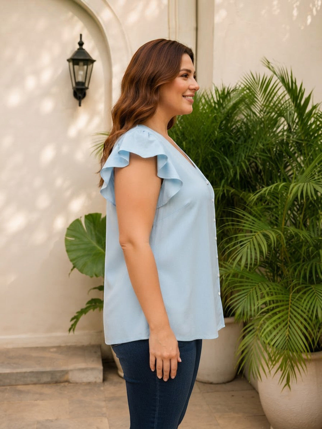 Women Plus Size Blue Solid V-Neck Flutter Sleeve Button-Down Cotton Top - image 2