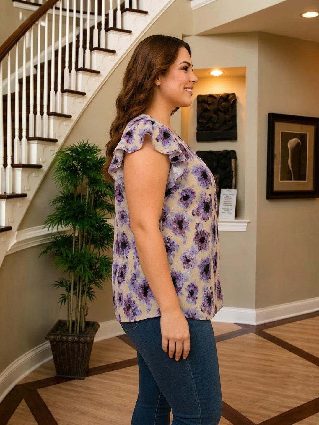 Women Plus Size Multicolor Floral Print V-Neck Flutter Sleeve Button-Down Viscose Top - image 2