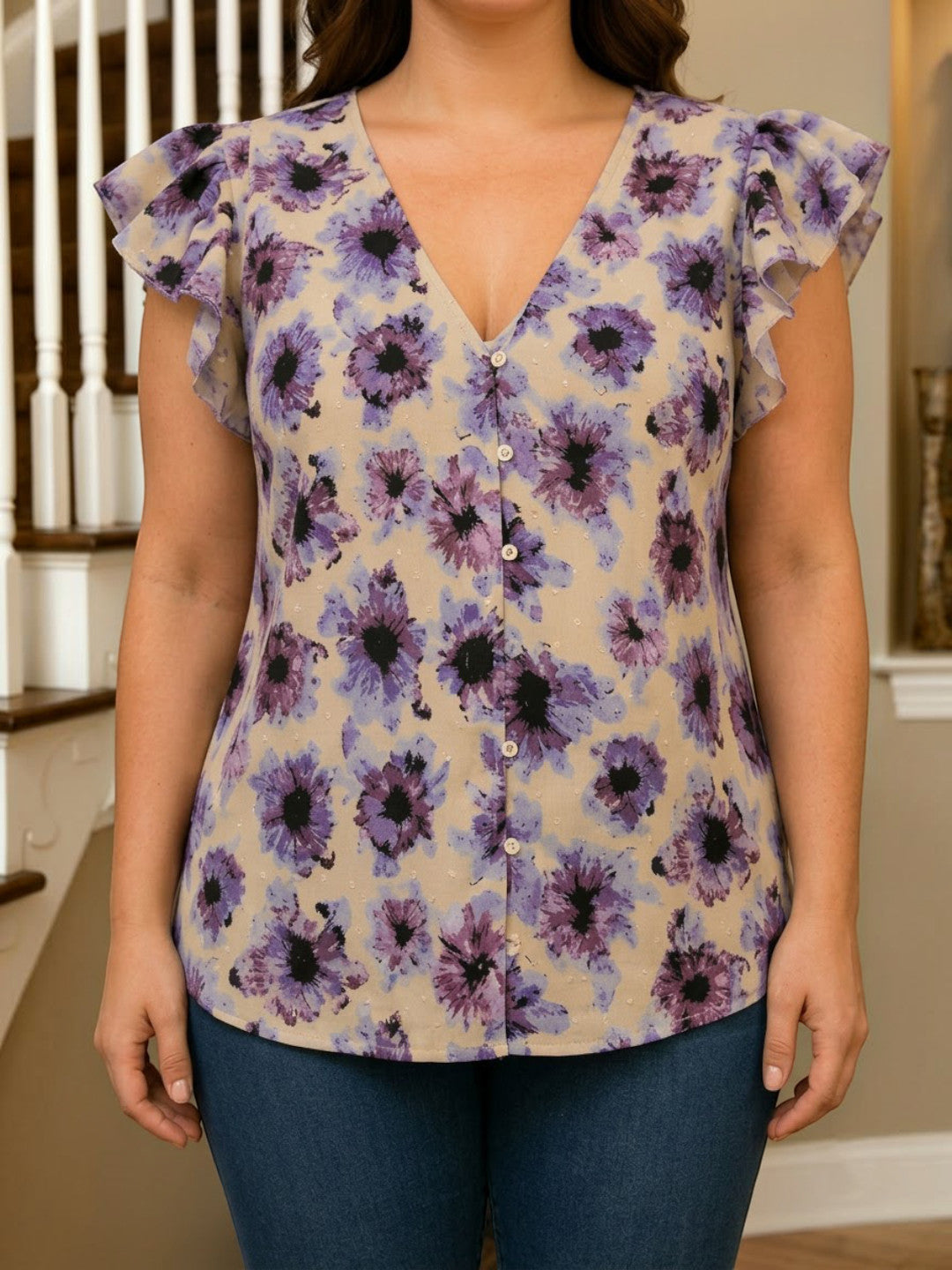 Women Plus Size Multicolor Floral Print V-Neck Flutter Sleeve Button-Down Viscose Top - image 4