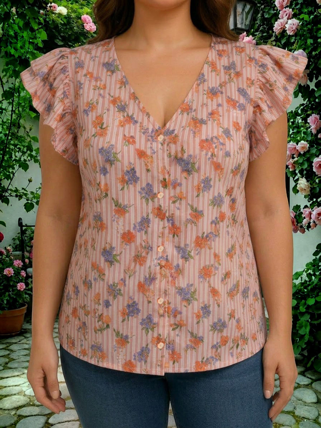 Women Plus Size Bright Multicolor Floral Print V-Neck Flutter Sleeve Button-Down Viscose Top - image 4