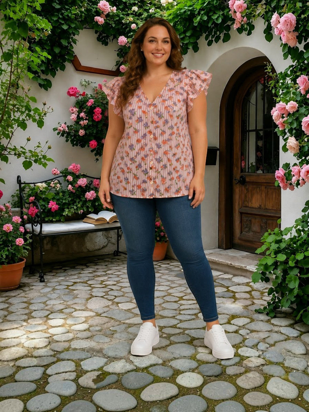 Women Plus Size Bright Multicolor Floral Print V-Neck Flutter Sleeve Button-Down Viscose Top - image 5