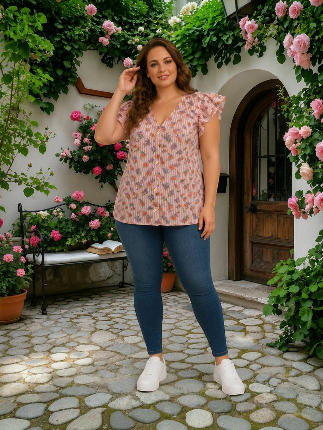 Women Plus Size Bright Multicolor Floral Print V-Neck Flutter Sleeve Button-Down Viscose Top - image 6