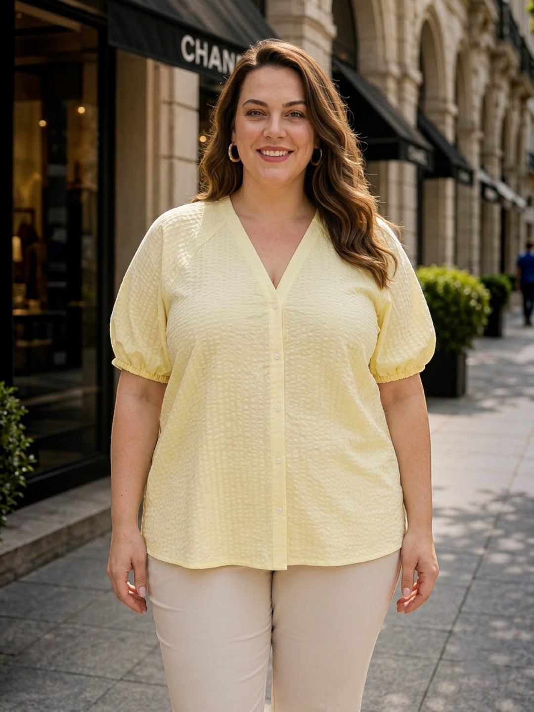 Women Plus Size Yellow Solid V-Neck Short Sleeve Button-Down Cotton Top - image 1