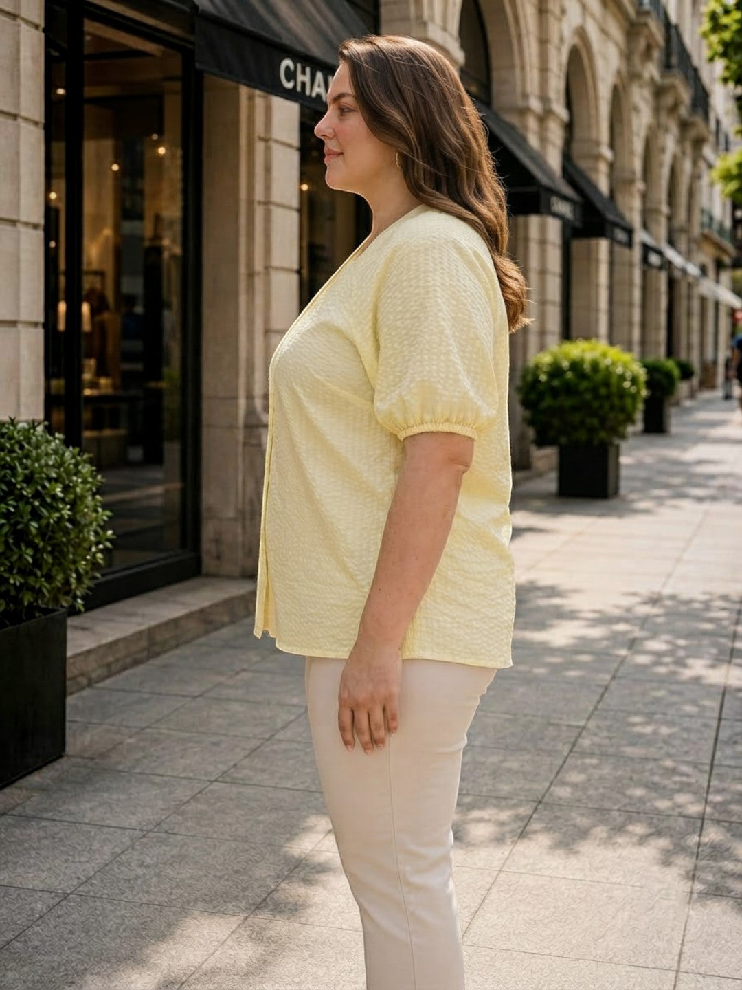 Women Plus Size Yellow Solid V-Neck Short Sleeve Button-Down Cotton Top - image 2