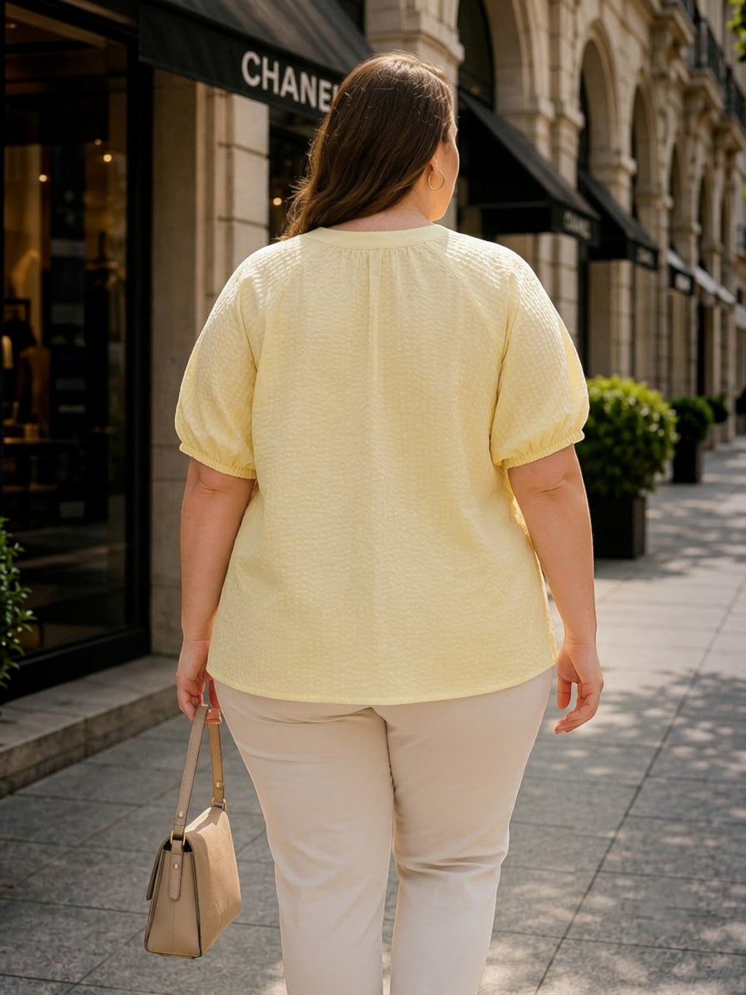 Women Plus Size Yellow Solid V-Neck Short Sleeve Button-Down Cotton Top - image 3