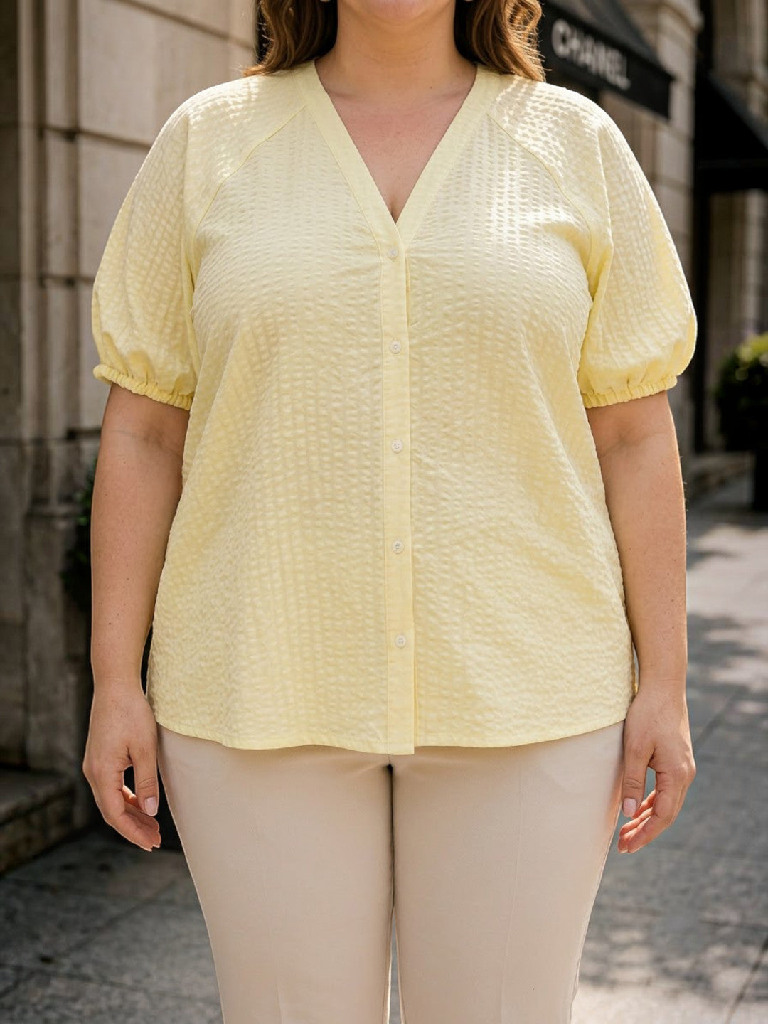 Women Plus Size Yellow Solid V-Neck Short Sleeve Button-Down Cotton Top - image 4