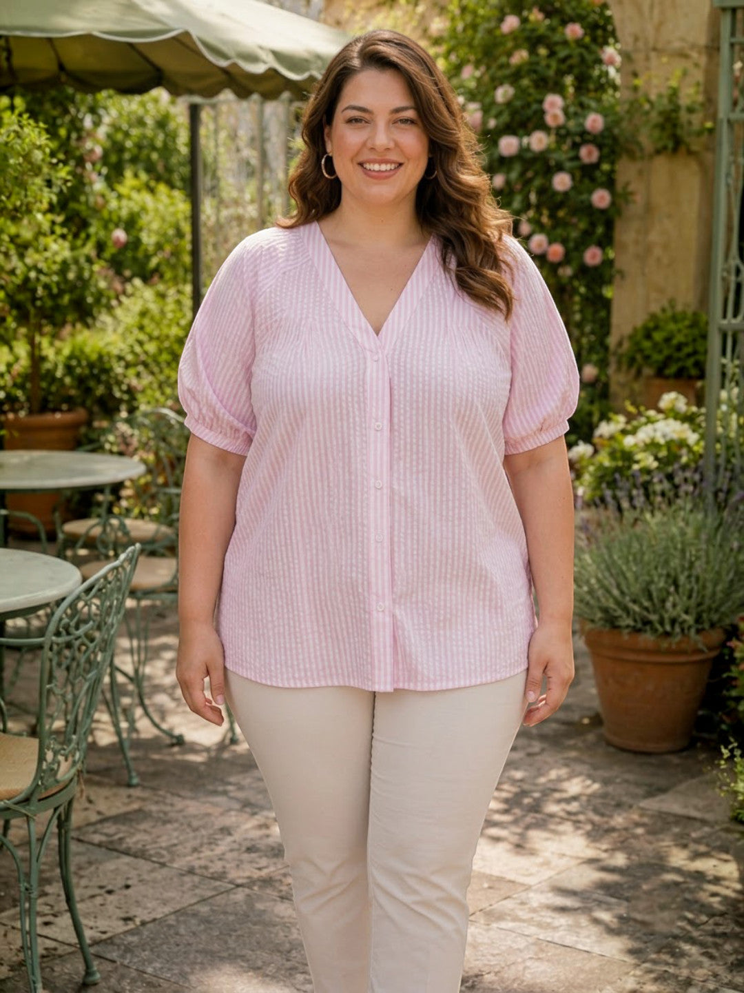 Women Plus Size Pink Solid V-Neck Short Sleeve Button-Down Cotton Top - image 1