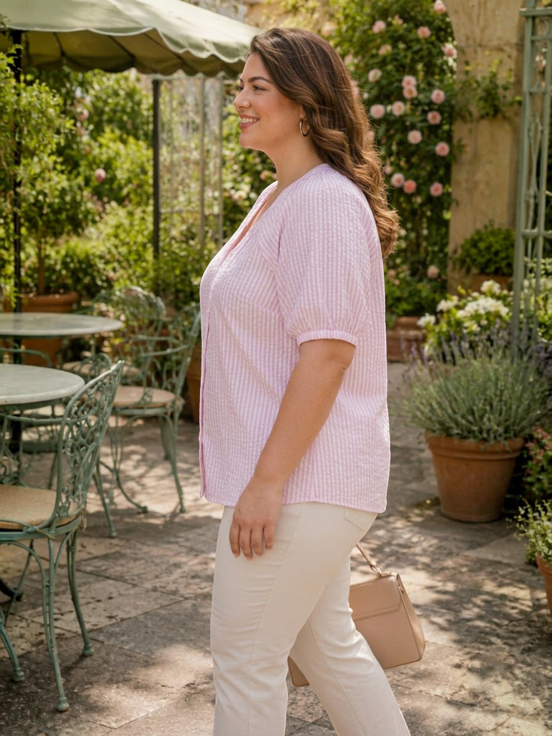 Women Plus Size Pink Solid V-Neck Short Sleeve Button-Down Cotton Top - image 2