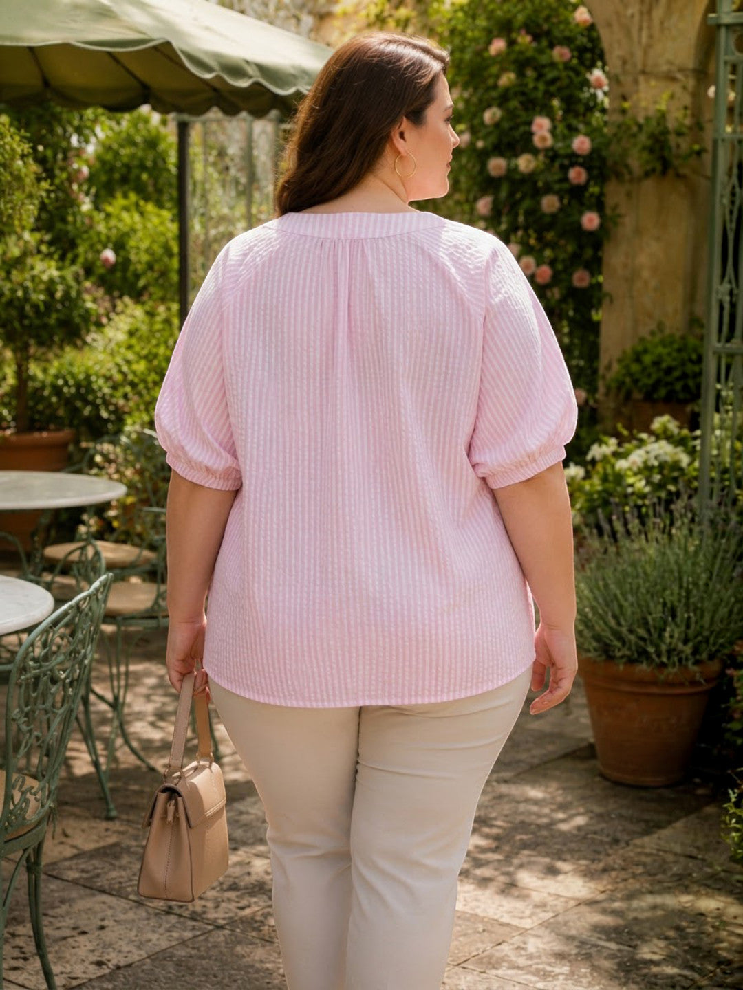 Women Plus Size Pink Solid V-Neck Short Sleeve Button-Down Cotton Top - image 3