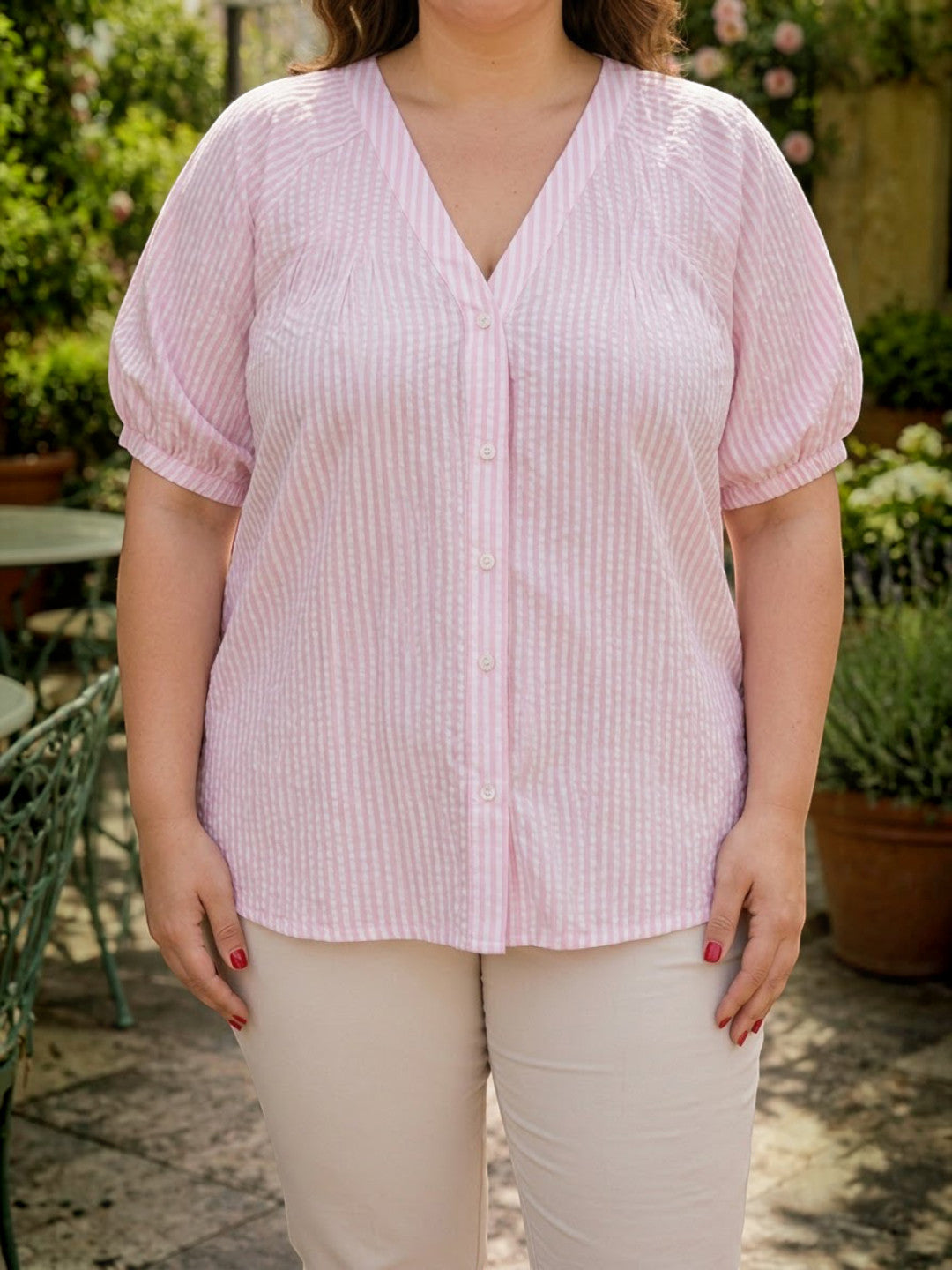 Women Plus Size Pink Solid V-Neck Short Sleeve Button-Down Cotton Top - image 4