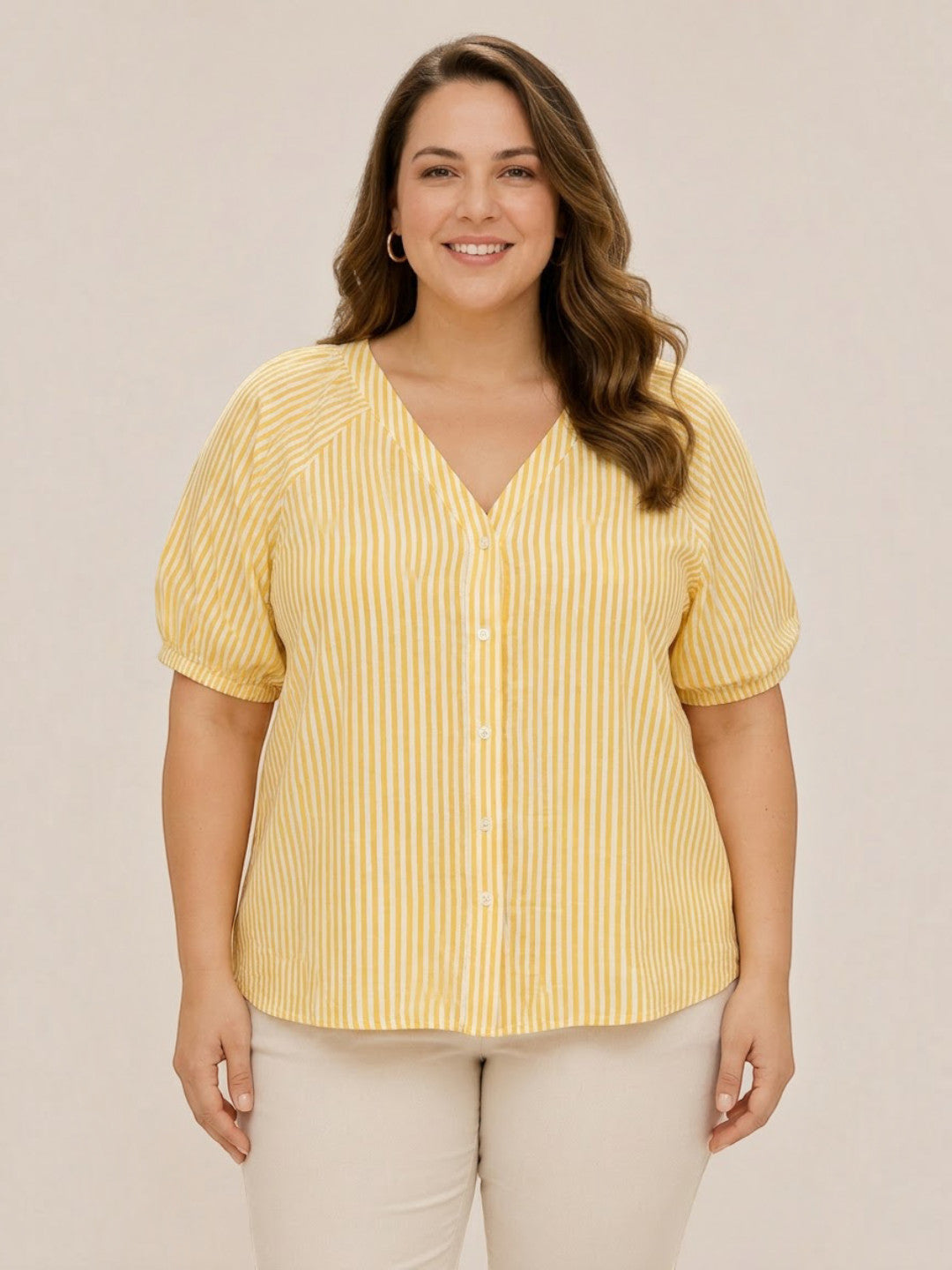 Women Plus Size Light Yellow Solid V-Neck Short Sleeve Button-Down Cotton Top - image 1