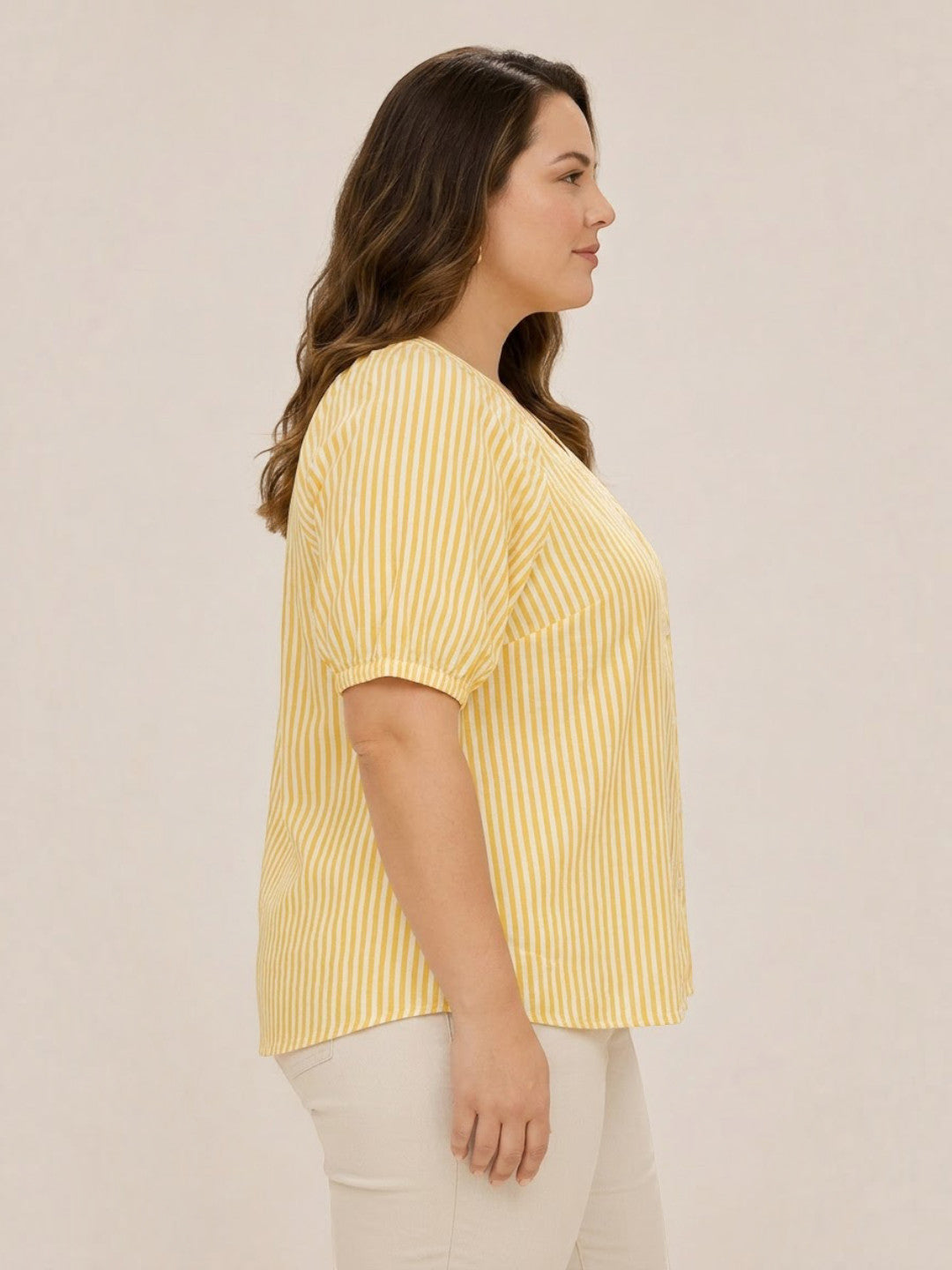 Women Plus Size Light Yellow Solid V-Neck Short Sleeve Button-Down Cotton Top - image 2