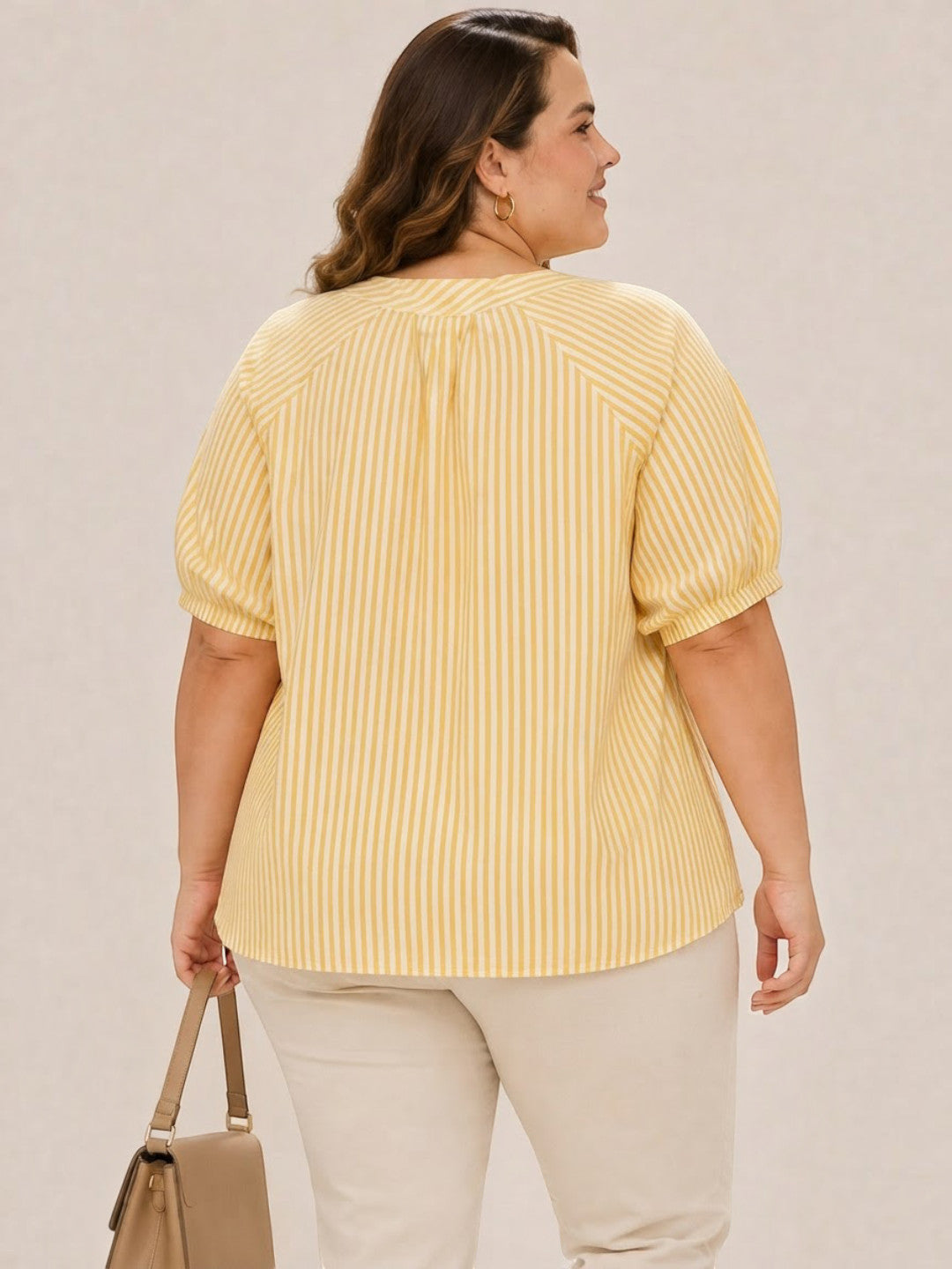 Women Plus Size Light Yellow Solid V-Neck Short Sleeve Button-Down Cotton Top - image 3