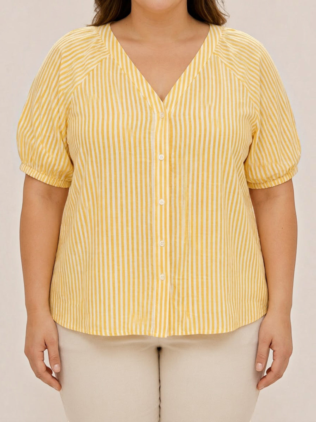 Women Plus Size Light Yellow Solid V-Neck Short Sleeve Button-Down Cotton Top - image 4