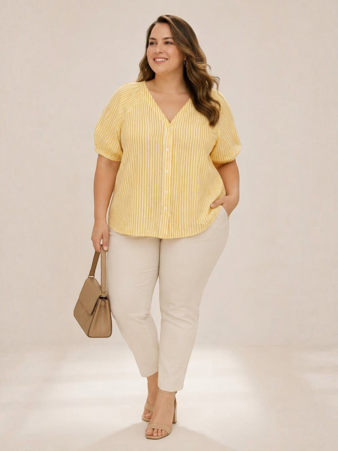Women Plus Size Light Yellow Solid V-Neck Short Sleeve Button-Down Cotton Top - image 5
