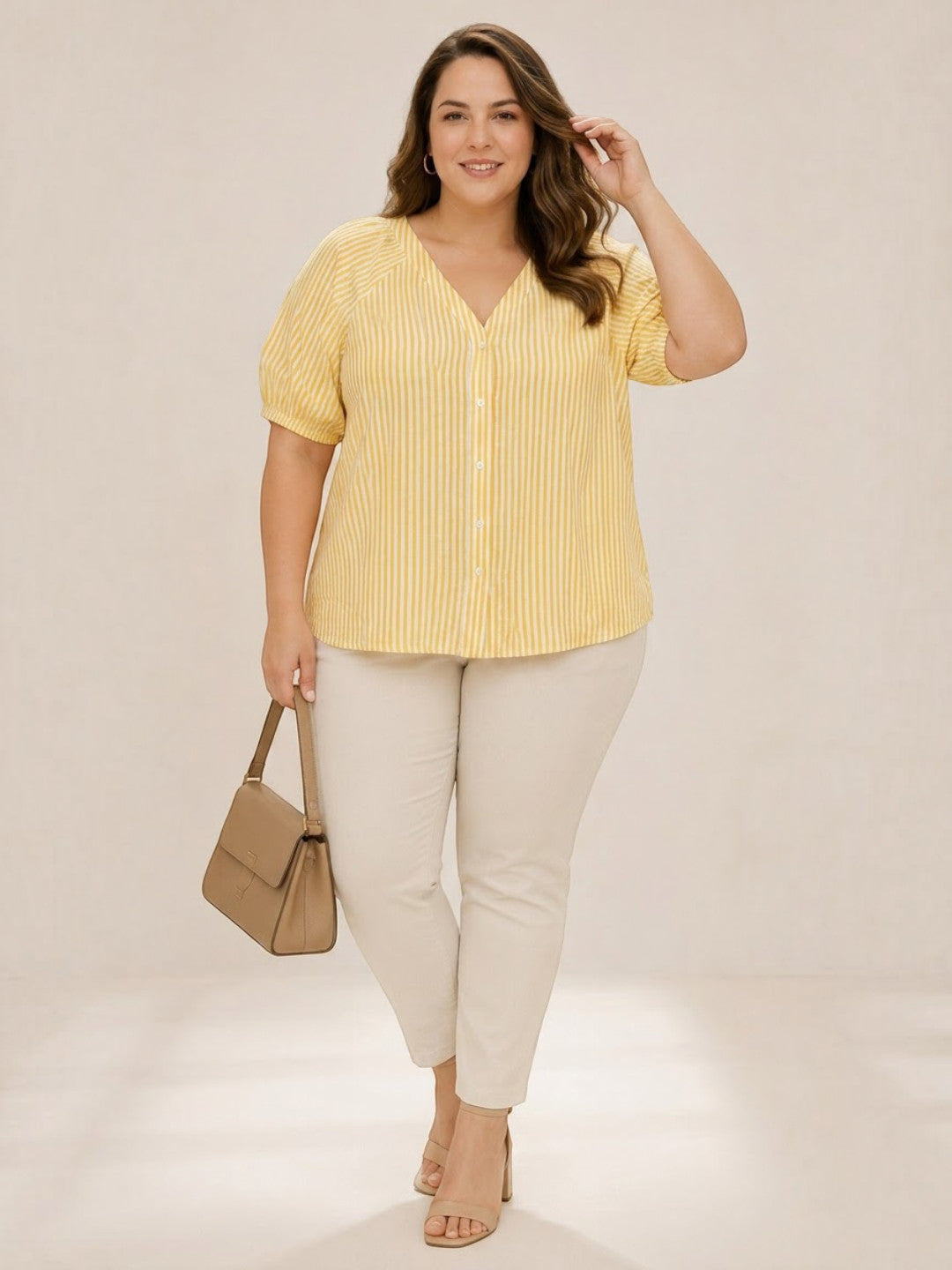 Women Plus Size Light Yellow Solid V-Neck Short Sleeve Button-Down Cotton Top - image 6