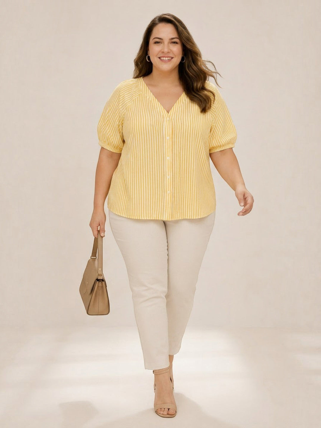 Women Plus Size Light Yellow Solid V-Neck Short Sleeve Button-Down Cotton Top - image 7