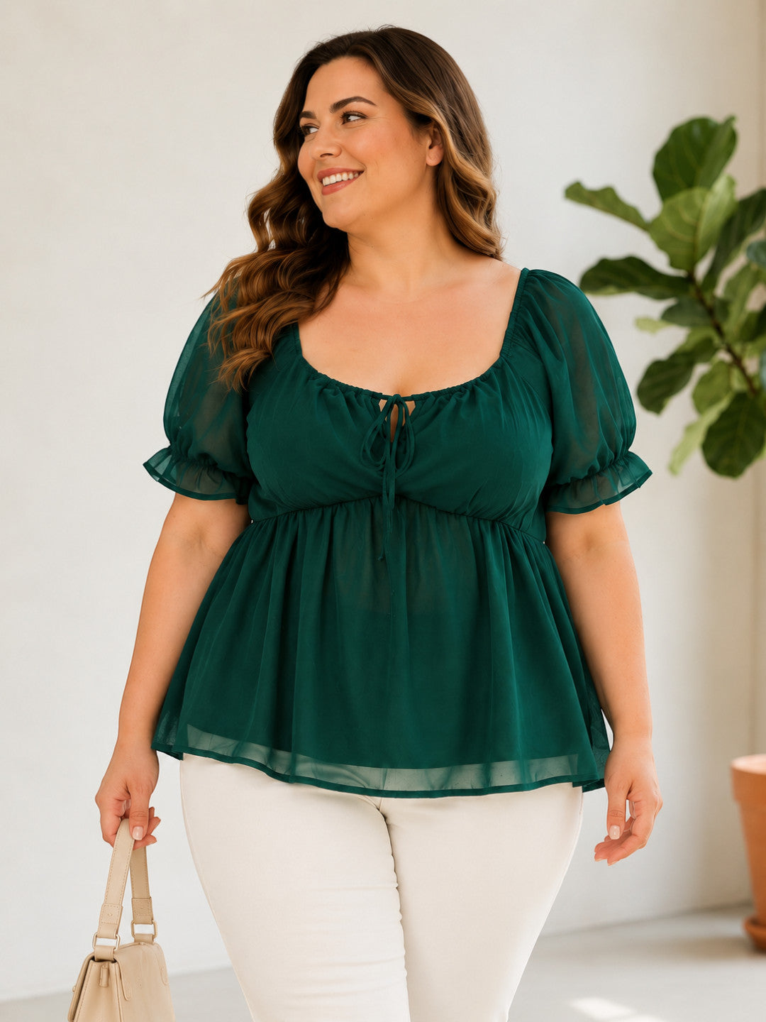 Women Plus Size Green Solid Chiffon Round Neck Tie-Up Peplum Top - image 1