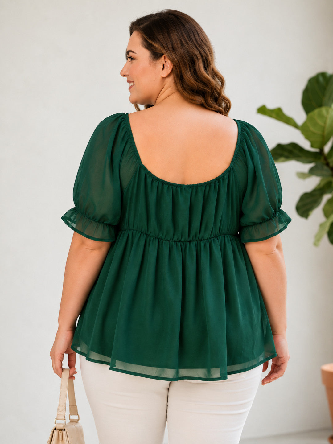 Women Plus Size Green Solid Chiffon Round Neck Tie-Up Peplum Top - image 3