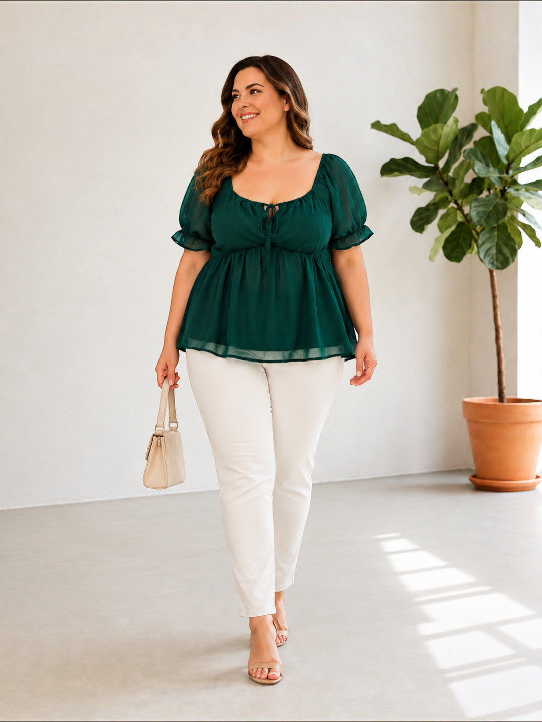 Women Plus Size Green Solid Chiffon Round Neck Tie-Up Peplum Top - image 5