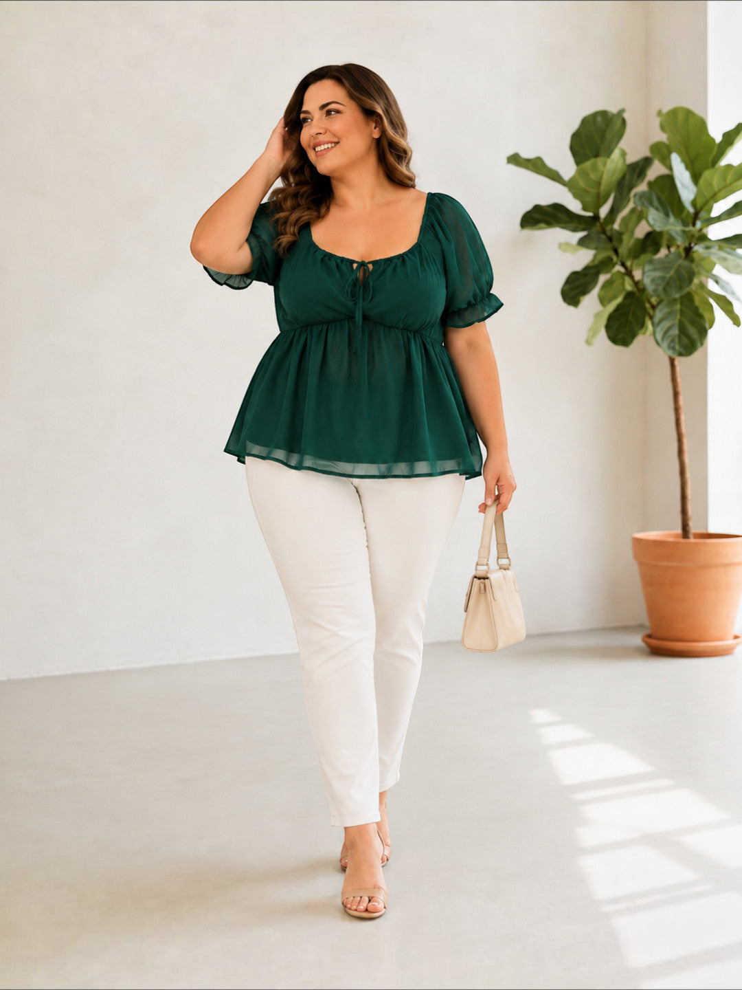 Women Plus Size Green Solid Chiffon Round Neck Tie-Up Peplum Top - image 6