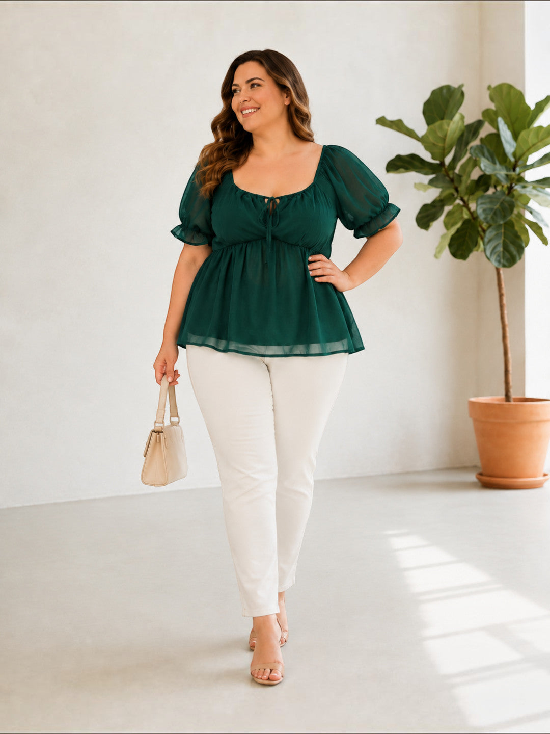 Women Plus Size Green Solid Chiffon Round Neck Tie-Up Peplum Top - image 7