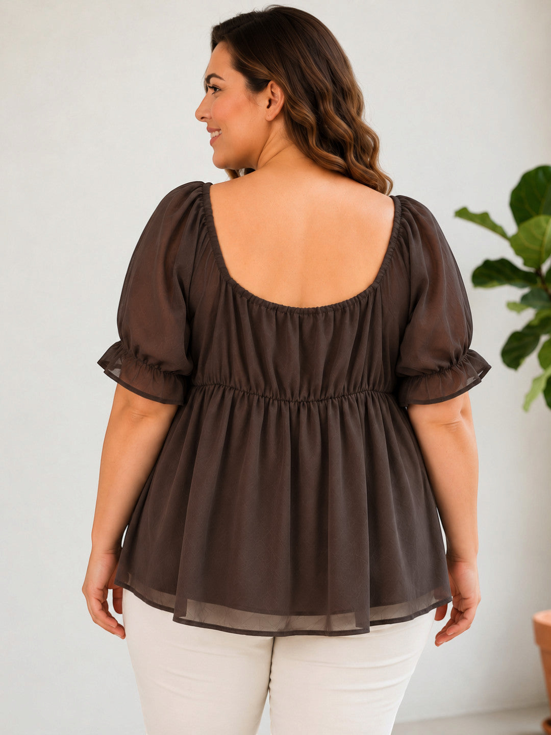 Women Plus Size Brown Round Neck With Tie-Up Detail Short Sleeve Peplum Top