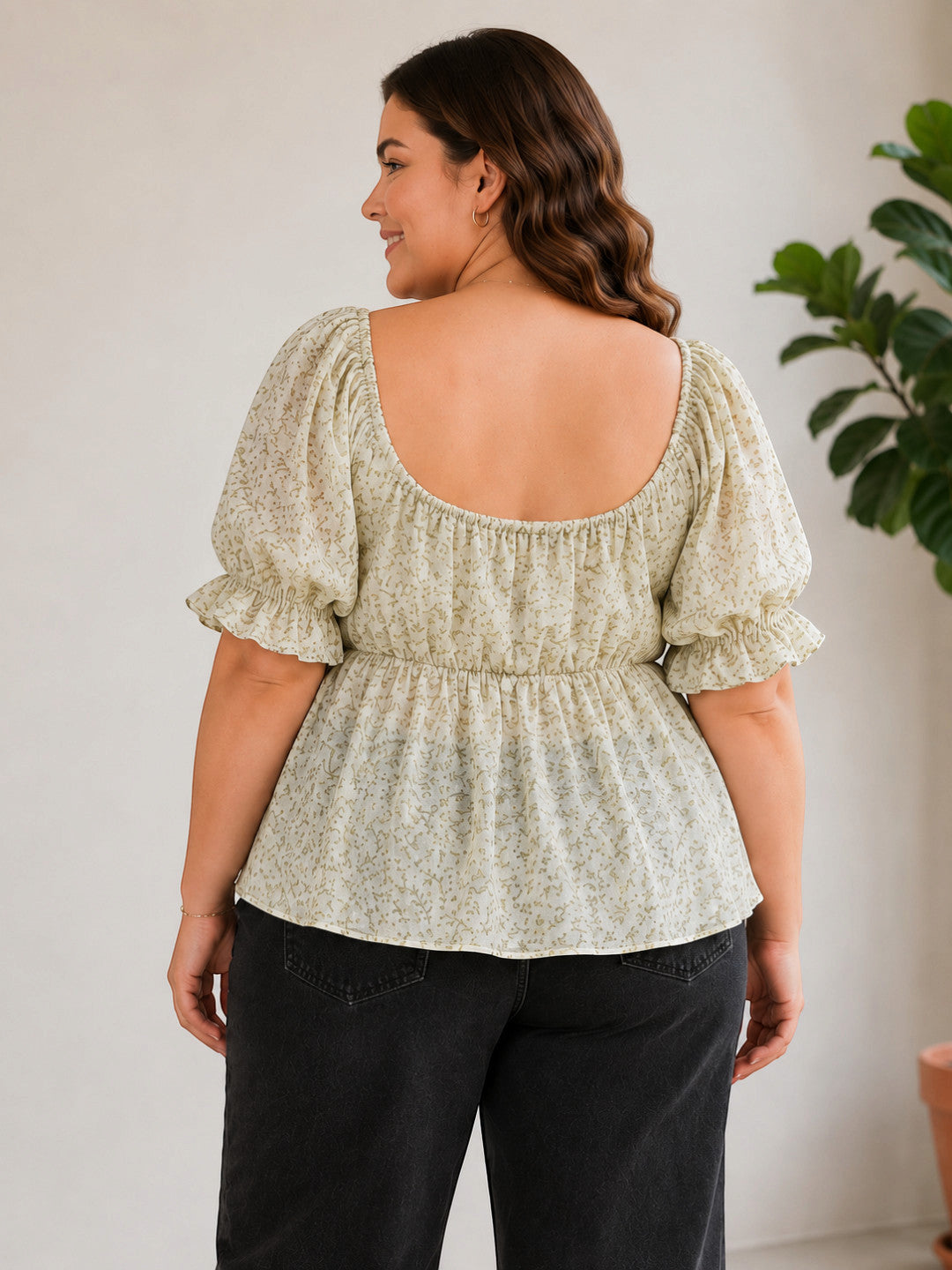 Women Plus Size Beige Floral Print Round Neck With Tie-Up Detail Short Sleeve Peplum Top