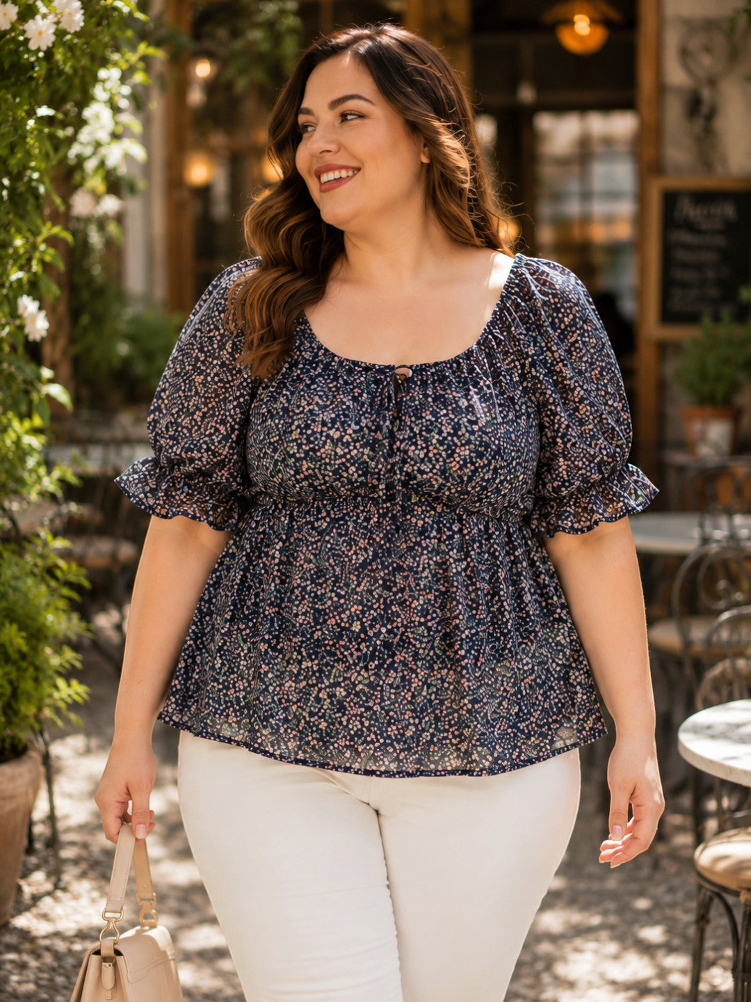 Women Plus Size Navy Blue Floral Print Round Neck With Tie-Up Detail Short Sleeve Peplum Top