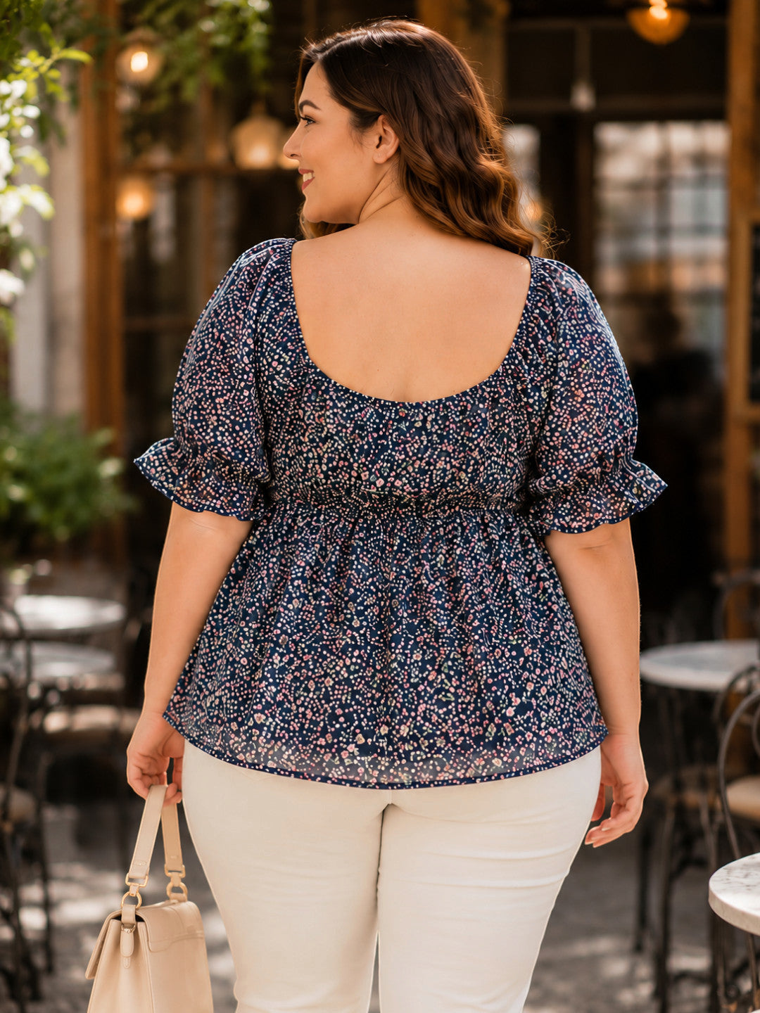 Women Plus Size Navy Blue Floral Print Round Neck With Tie-Up Detail Short Sleeve Peplum Top