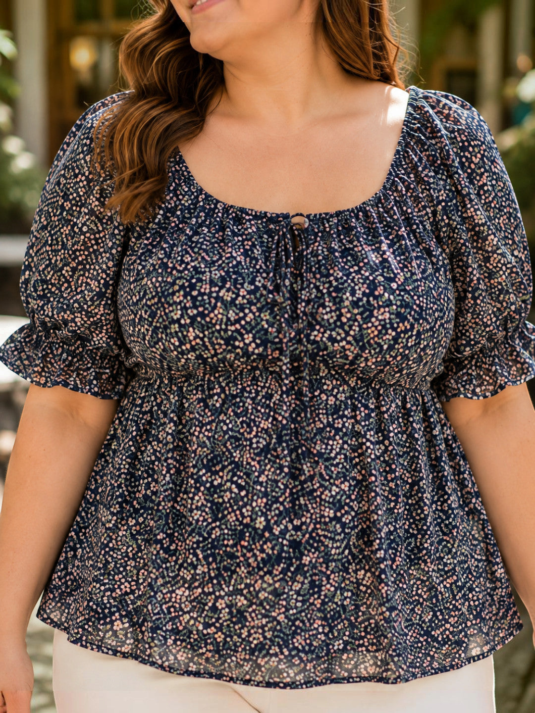 Women Plus Size Navy Blue Floral Print Round Neck With Tie-Up Detail Short Sleeve Peplum Top