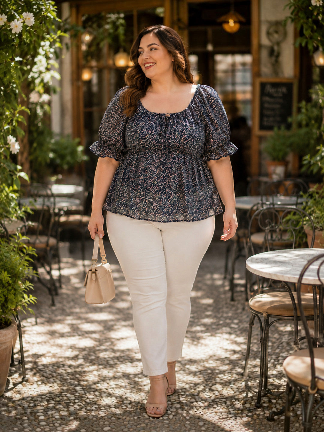 Women Plus Size Navy Blue Floral Print Round Neck With Tie-Up Detail Short Sleeve Peplum Top