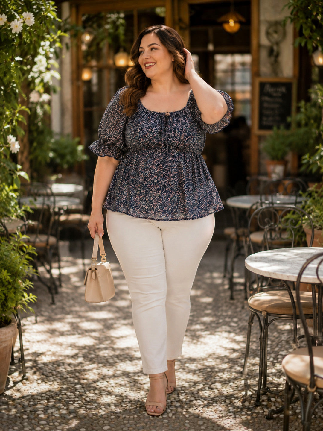 Women Plus Size Navy Blue Floral Print Round Neck With Tie-Up Detail Short Sleeve Peplum Top