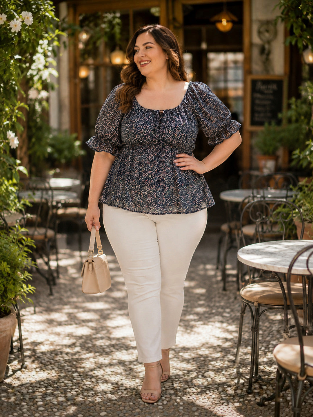 Women Plus Size Navy Blue Floral Print Round Neck With Tie-Up Detail Short Sleeve Peplum Top